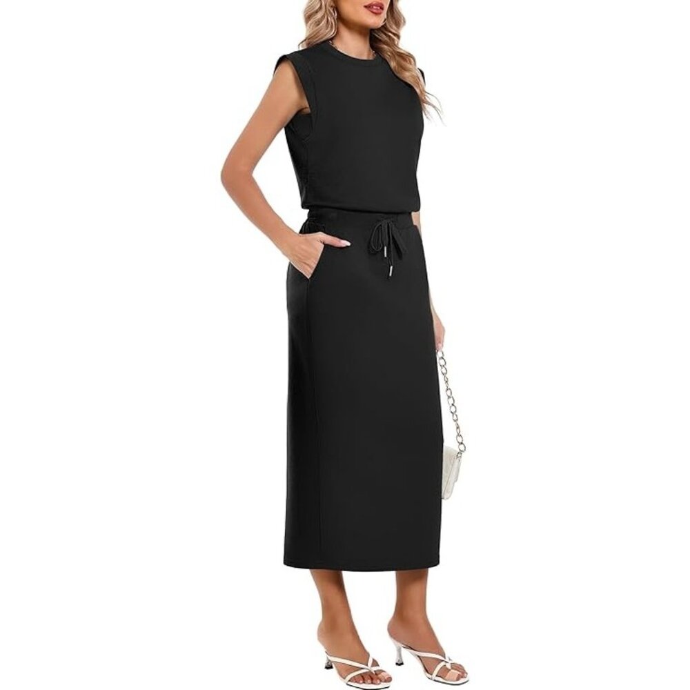 Casly Lamiit 2 Piece Set Cap Sleeve Top Drawstring Midi Skirt Black SMALL NEW